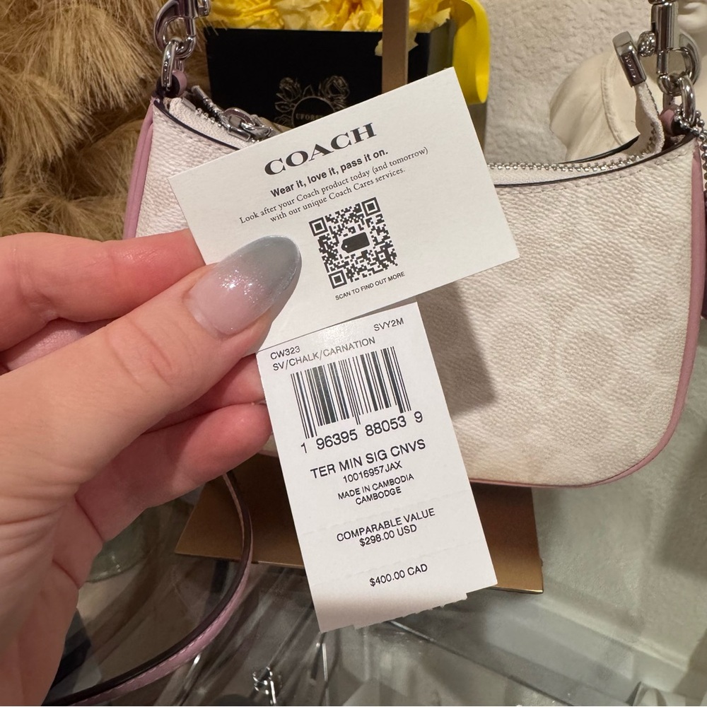 Coach NWT Mini Teri Shoulder Bag w/Crossbody Strap CW323 -Silver/Chalk/Carnation - Picture 16 of 16